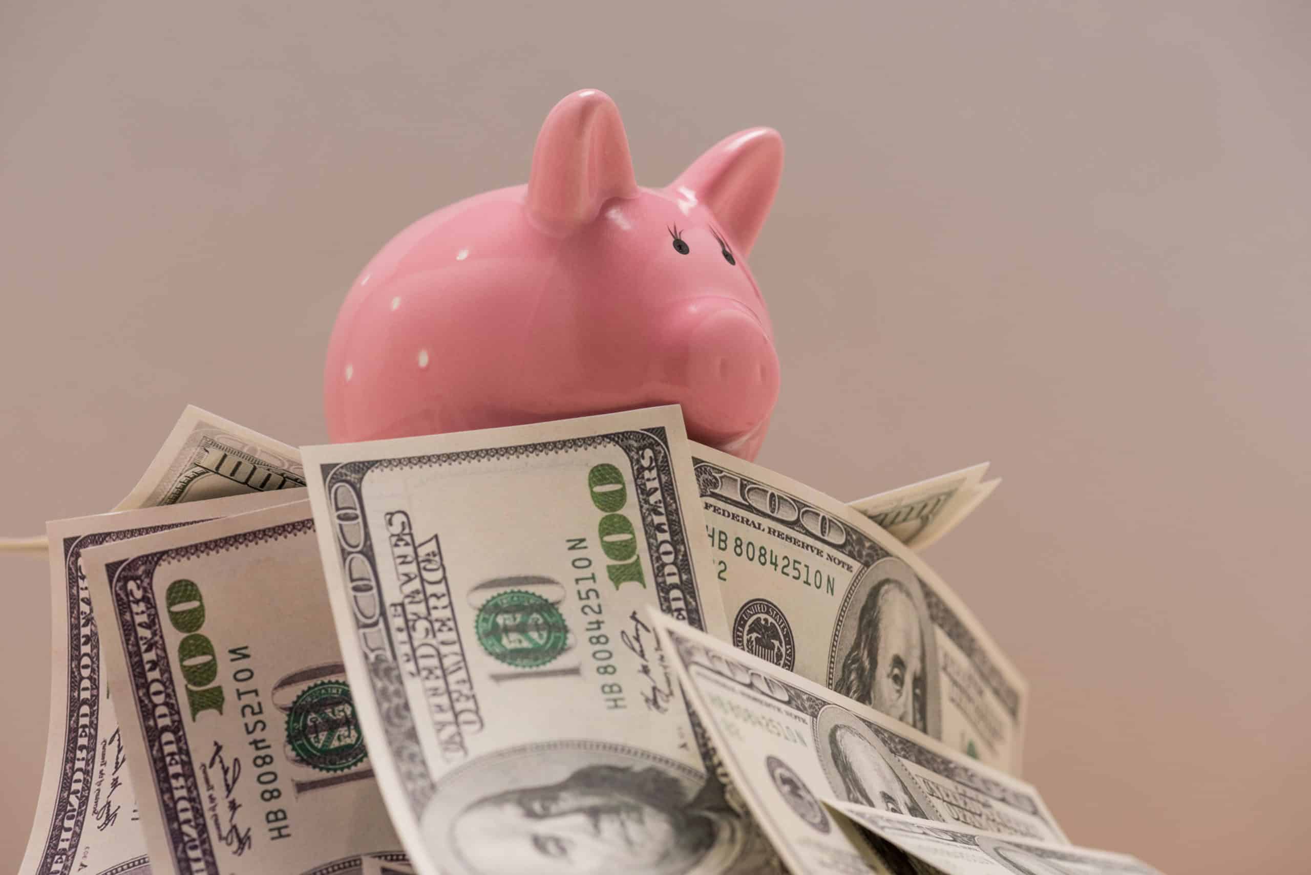 piggy bank with dollar bills around it.
