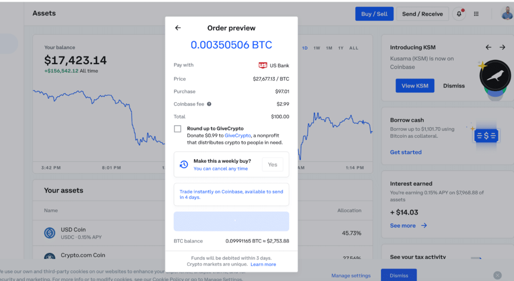 Screenshot of a personal Coinbase account buying bitcoin and showing all the fees associated with their platform

